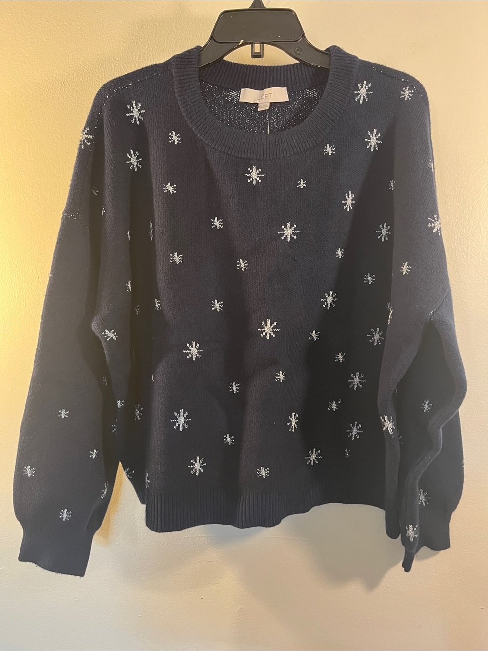 LOFT Navy Crewneck Sweater with White Snowflake Motif